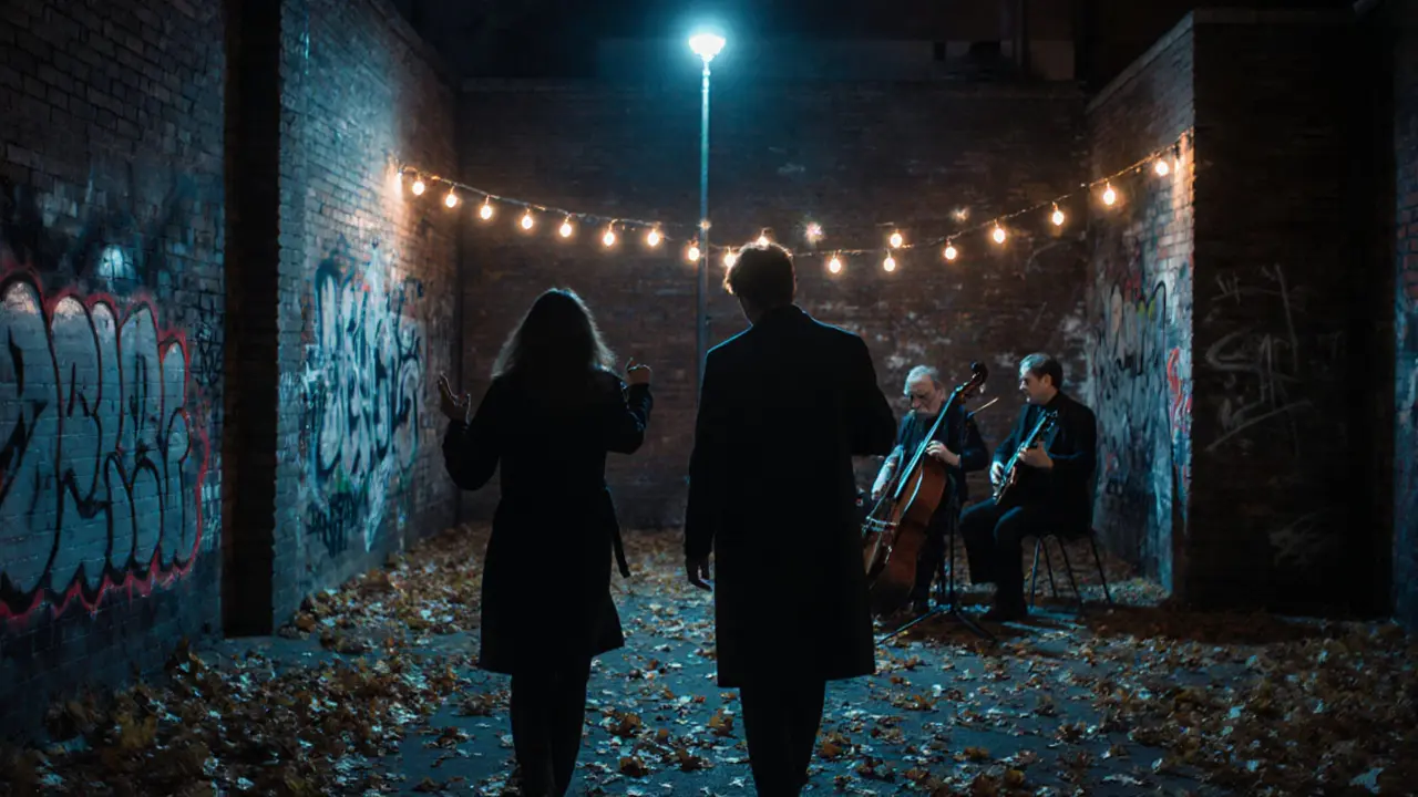 A couple walking through a hidden Berlin courtyard as a jazz band plays softly under string lights, autumn leaves swirling around them.