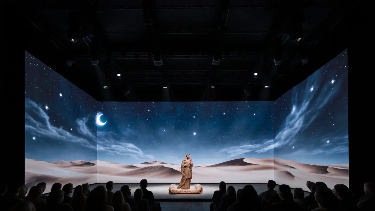 A dark theatre with swirling projections of desert dunes and stars as an unseen voice tells an ancient tale.