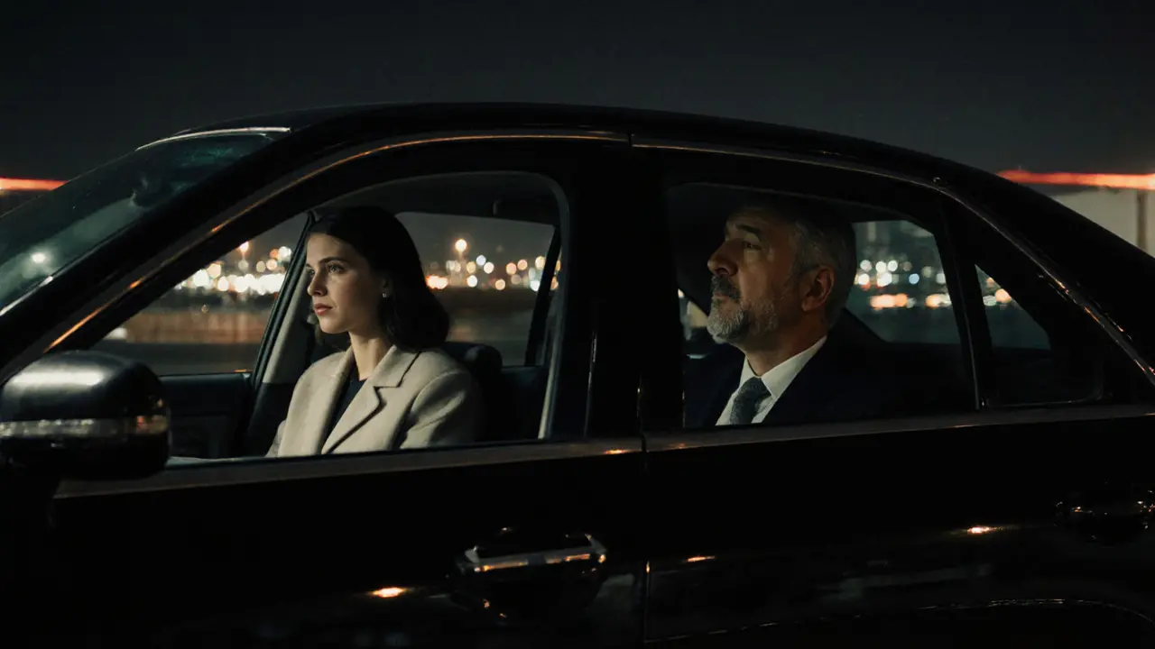 A discreet car leaves the airport at night with two passengers in silent companionship.