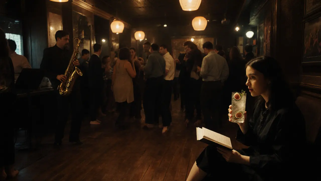 A diverse crowd dancing softly in a dimly lit Karaköy jazz bar with warm lighting.