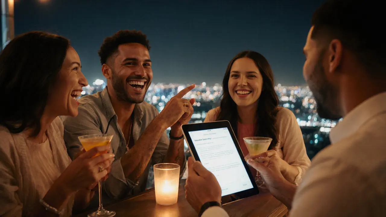 A diverse group of expats enjoying drinks at a rooftop bar in Dubai, laughing together with city lights behind them.