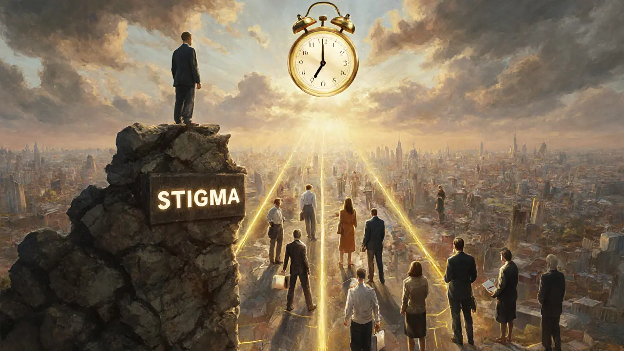 A figure standing on a crumbling &#039;Stigma&#039; pillar, overlooking a vibrant city connected by golden threads to a glowing clock labeled &#039;My Time&#039;.