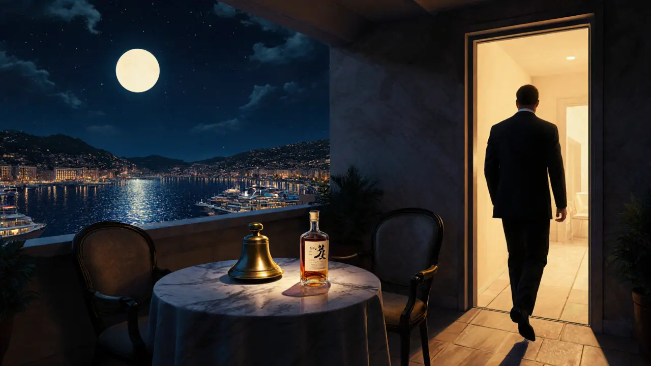A hidden rooftop terrace in Fontvieille with a single brass bell and sparkling harbor view at night.