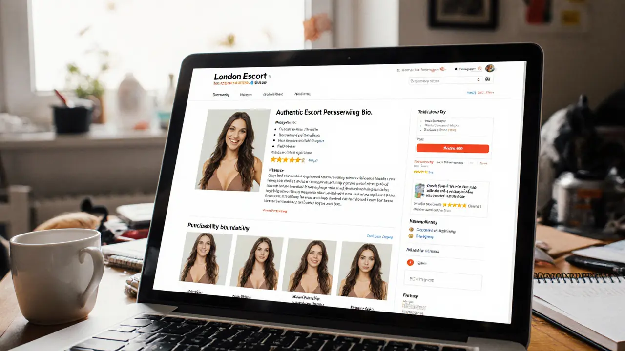 A laptop screen showing a verified escort profile with real photos and detailed reviews on a trusted platform.