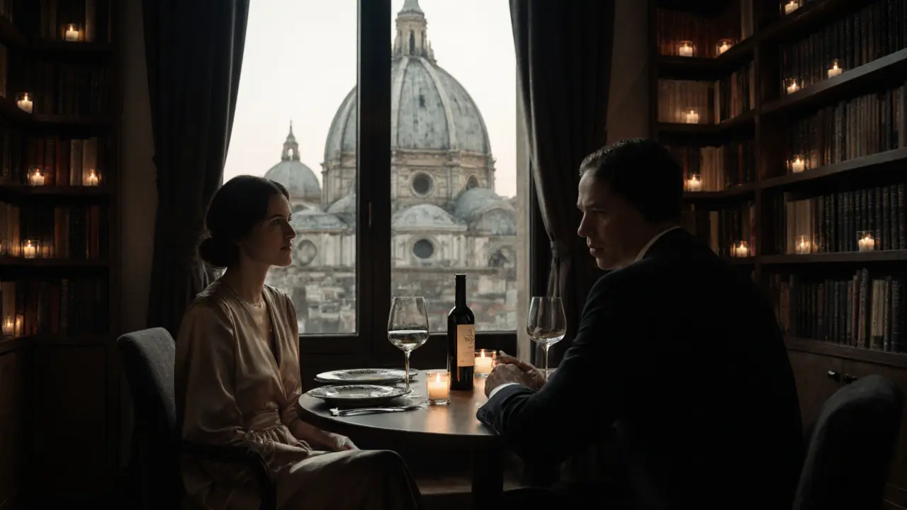 A man and woman share an intimate candlelit dinner with Renaissance art books in the background.