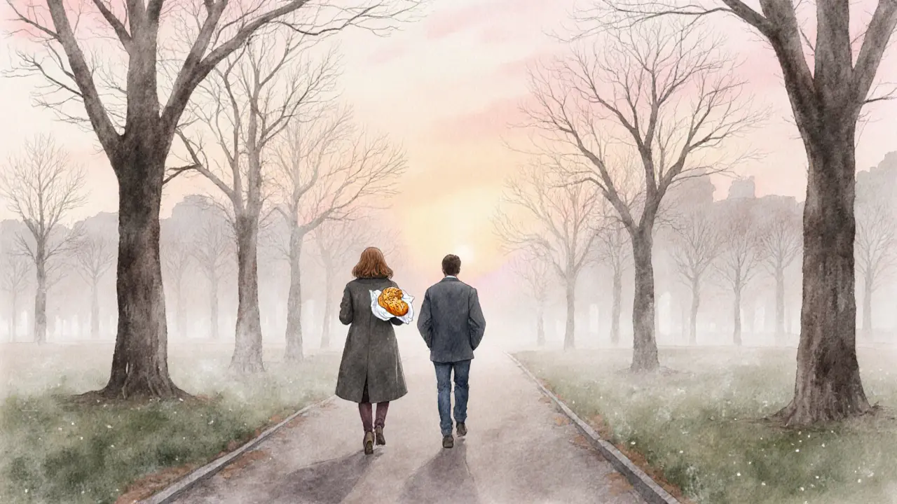 A man and woman walking silently through a misty Berlin park at dawn, holding a warm pastry.