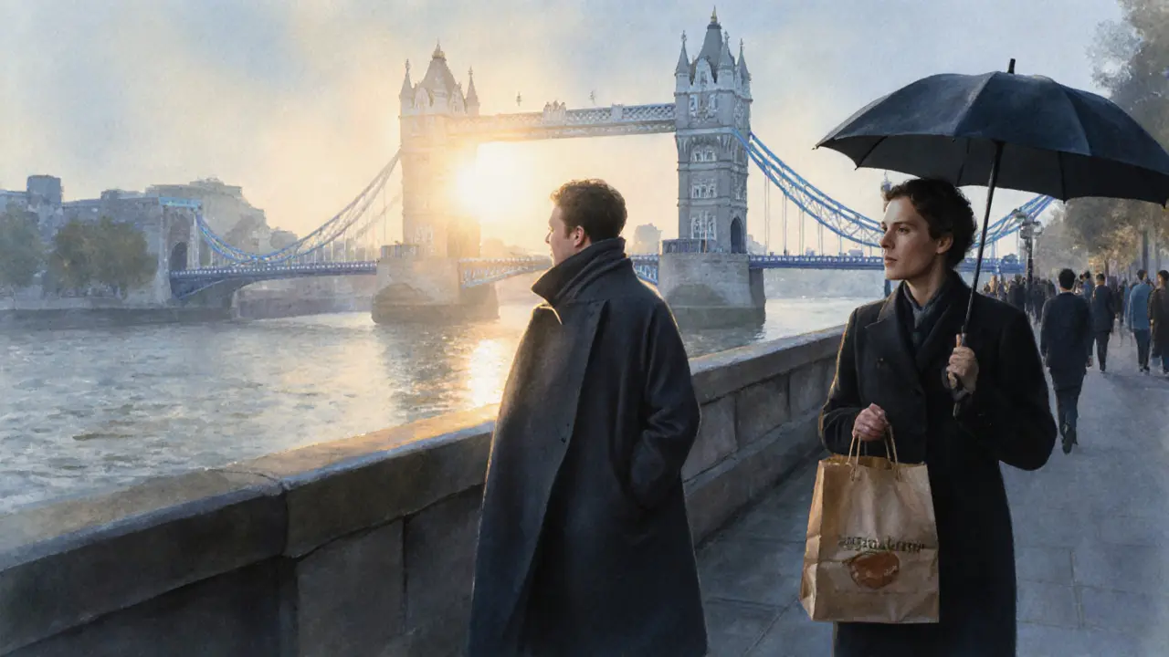 A person walks along the Thames at dawn with a companion, mist rising from the river.
