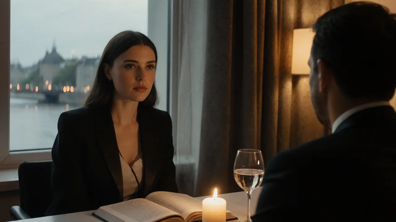 A professional companion and client share a quiet dinner in a hotel room, candlelight illuminating their conversation.
