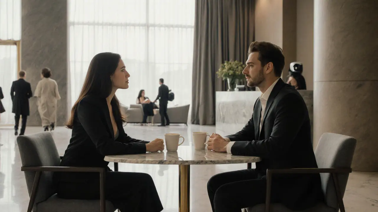 A professional escort and client meet in a hotel lobby, seated at a table with coffee, body language respectful and calm.