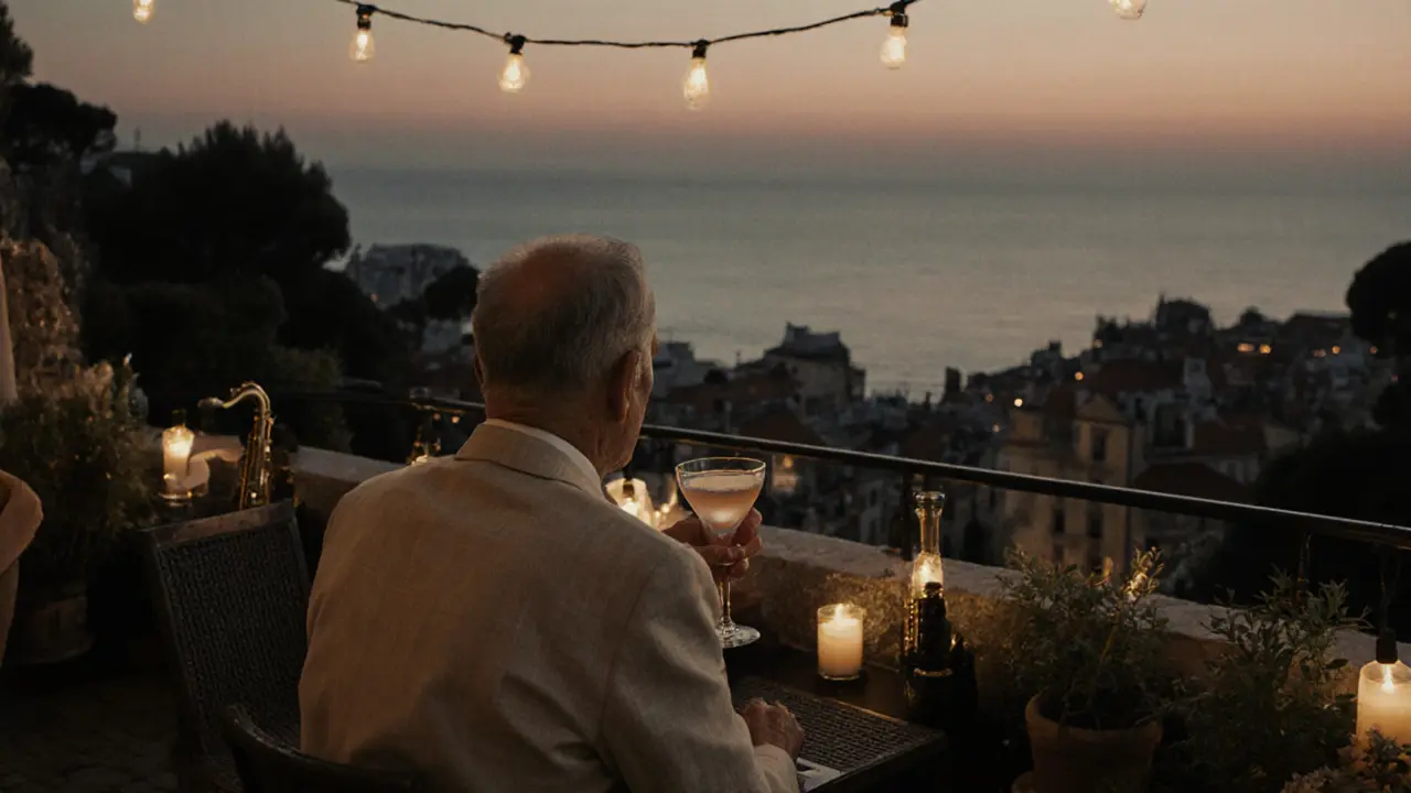 A quiet terrace at Le Jardin d’Hiver with locals enjoying vermouth and jazz under string lights at dusk.