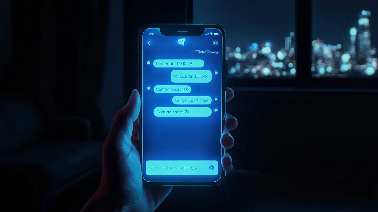 A smartphone displaying encrypted Telegram messages with coded words in a dark room, city skyline blurred in background.
