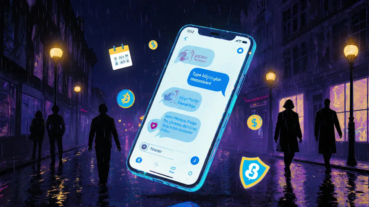 A smartphone screen showing safety apps and booking tools floating in a dark London night with neon reflections.