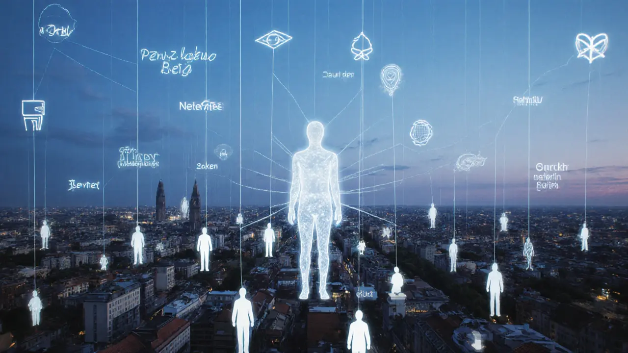 A transparent figure surrounded by glowing connections across Berlin, symbolizing deep human understanding and presence.