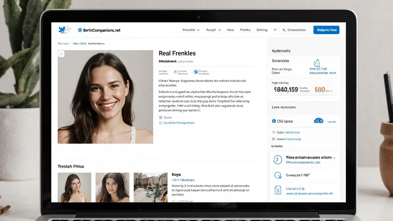 A verified escort profile on a laptop with real photos and mentions of travel and music, trusted platform logos visible.