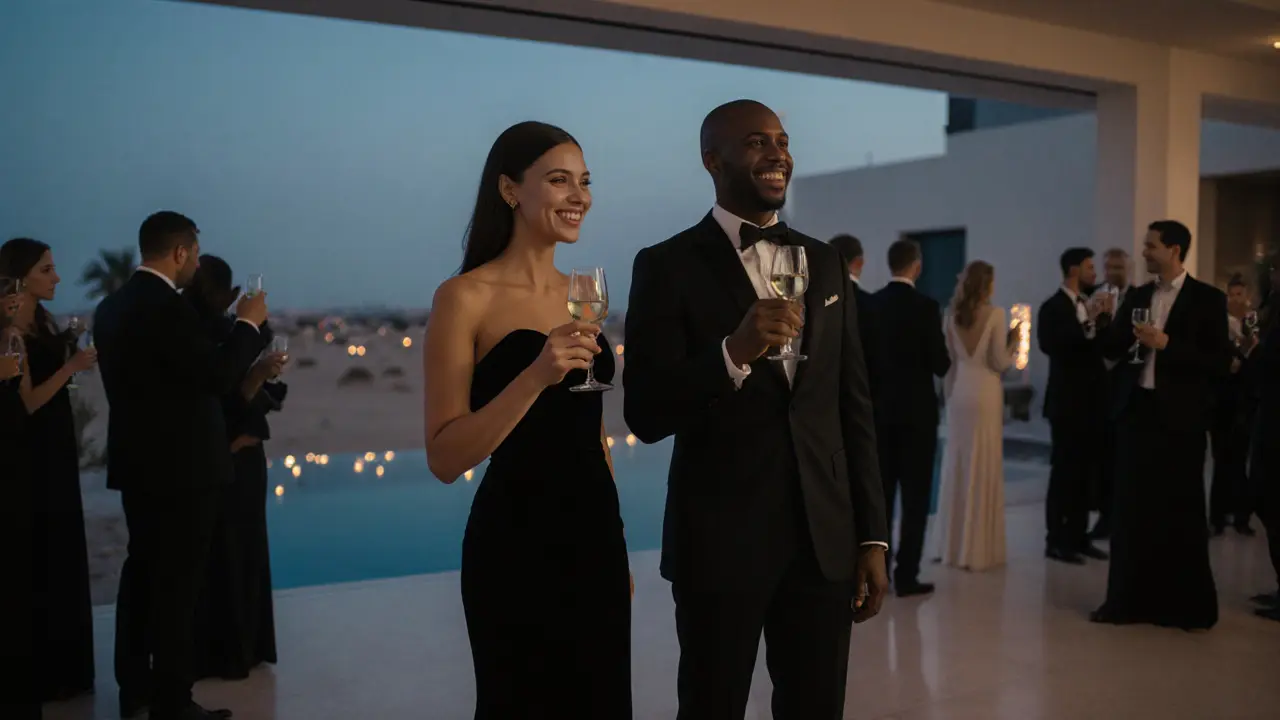 A well-dressed couple at a private event in Abu Dhabi, smiling subtly among blurred guests in formal attire.