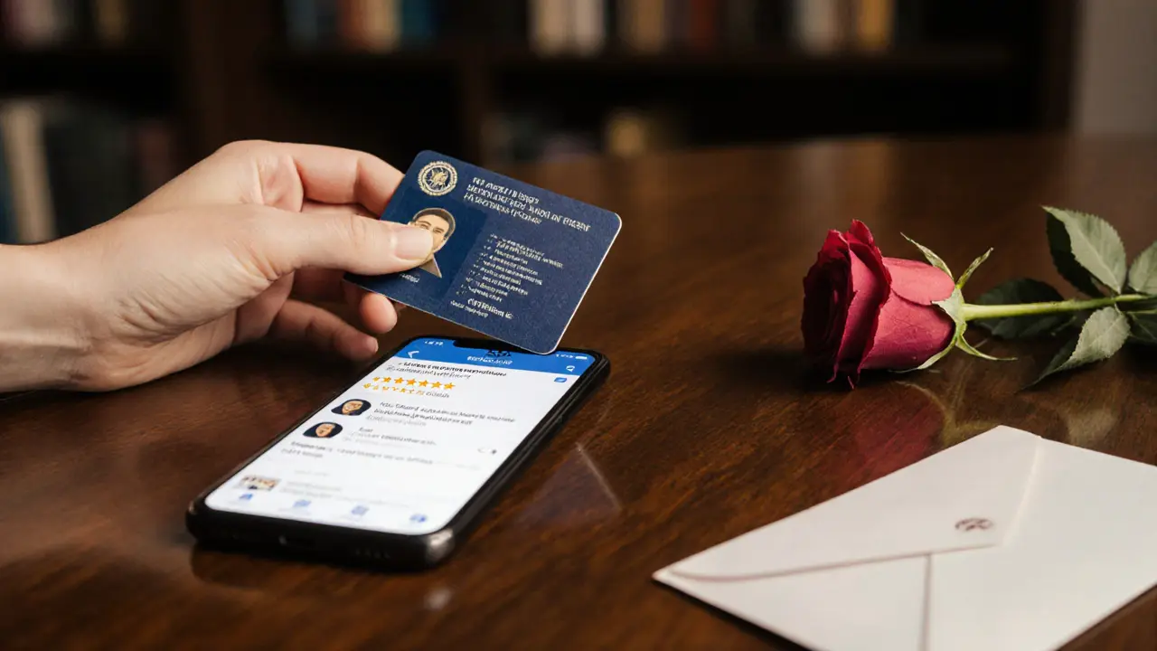 A woman&#039;s hand places ID on a table beside a phone showing client reviews, a rose and cash nearby, symbolizing trust.