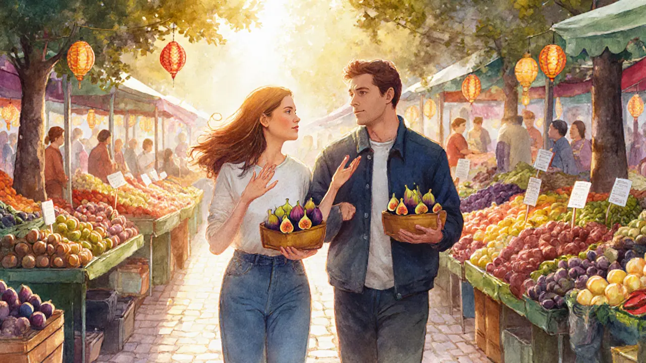 A woman and man eating figs together in a vibrant Berlin street market, golden hour light, authentic connection.
