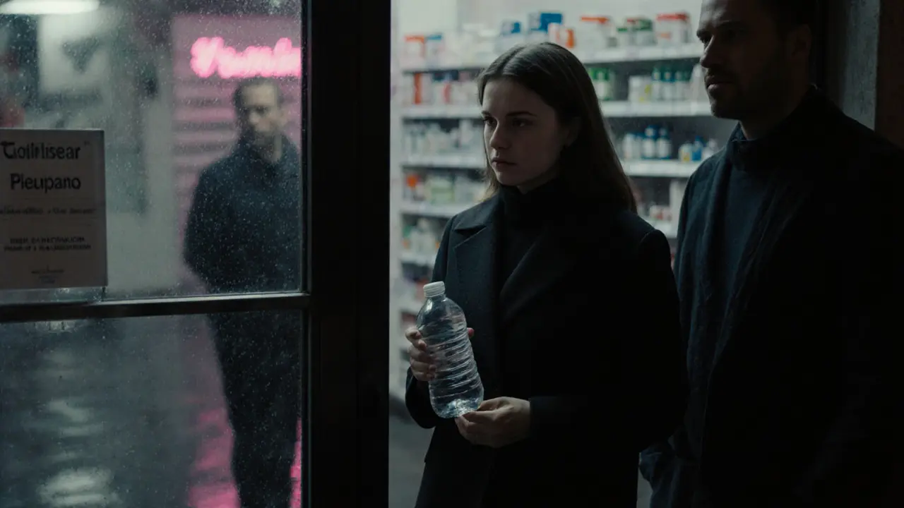 A woman and man in a 24-hour pharmacy at night, rain outside, she holding water, he listening quietly.