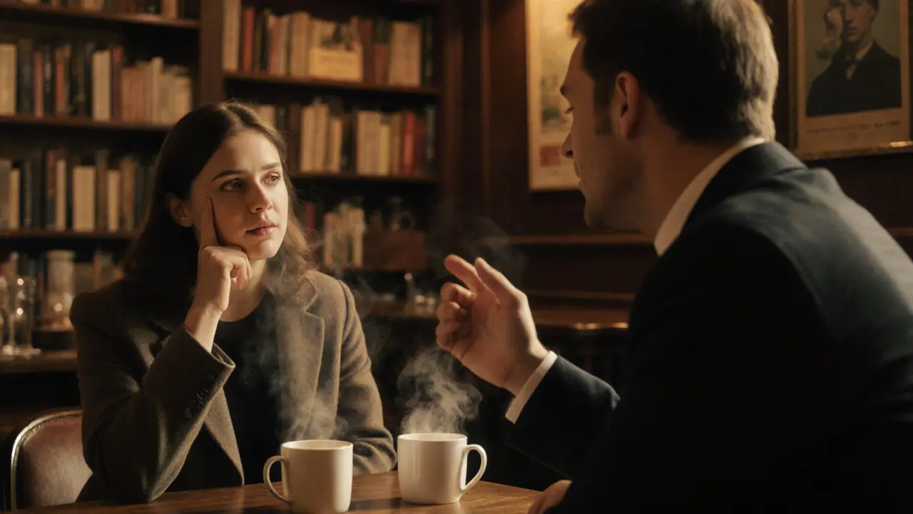 A woman and man sharing tea in a cozy Soho pub, listening intently to each other.