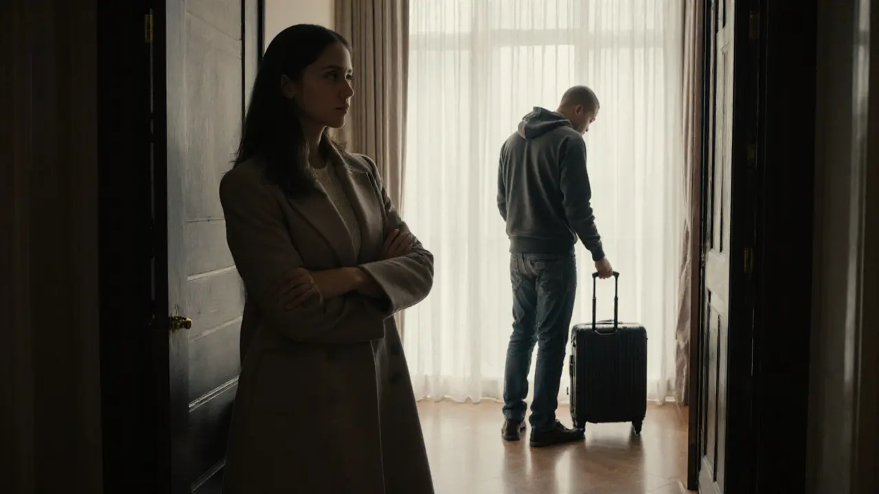 A woman at the entrance of a private flat, politely rejecting a client dressed inappropriately.