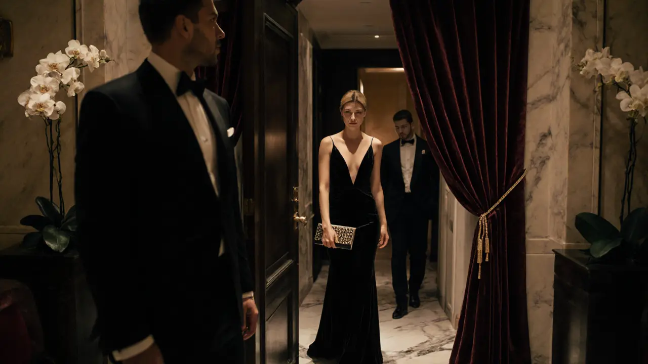A woman in an elegant gown steps into a luxurious hotel hallway as a doorman quietly closes the door behind her, evoking refined secrecy.