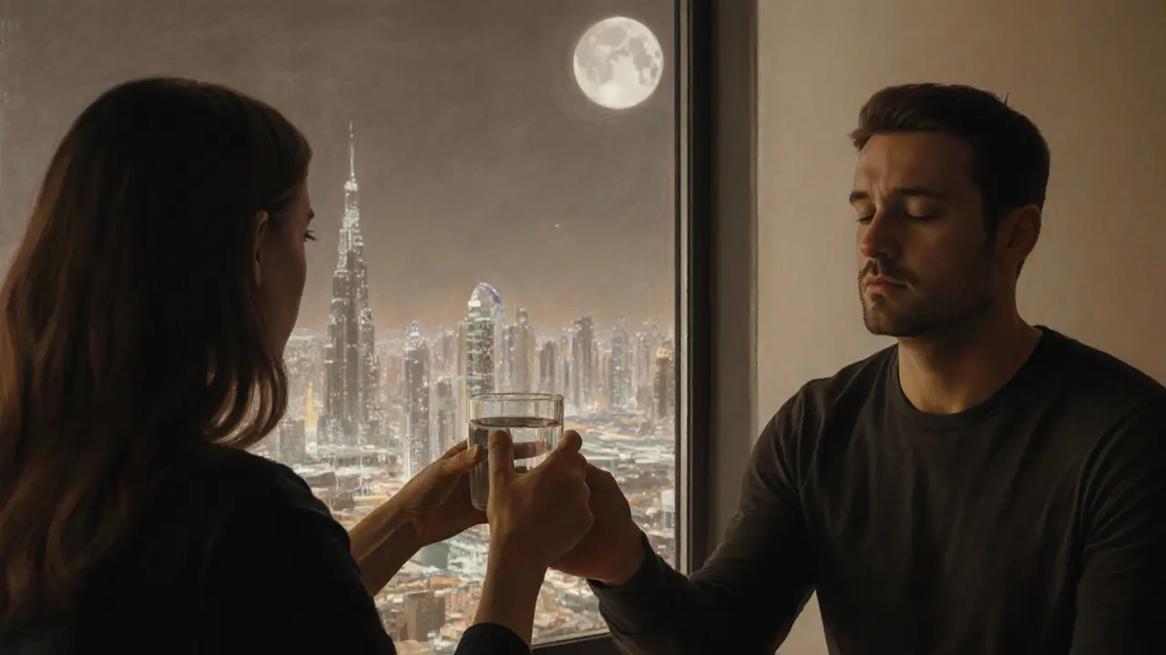 A woman offers a glass of water to a man in a dimly lit penthouse, moonlight casting soft shadows as he breathes deeply in quiet peace.