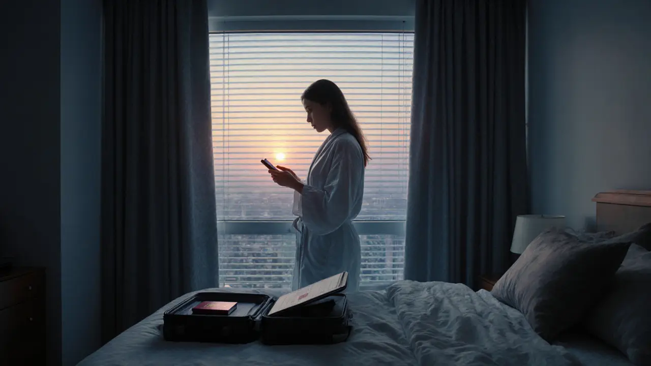 A woman stands by a window at dawn in a Dubai apartment, suitcase open, passport and diploma visible.