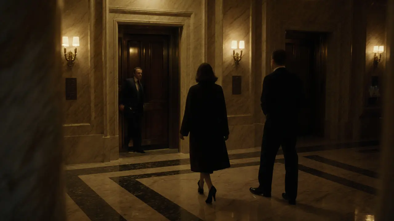 A woman walking alone in a luxury hotel lobby at night, bathed in soft golden light, embodying discretion and safety.