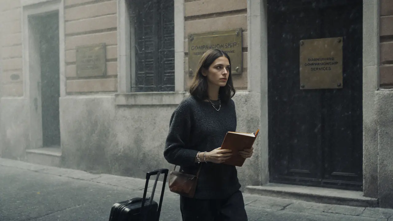 A woman walks through a quiet Milan courtyard with a suitcase, near a discreet agency entrance.