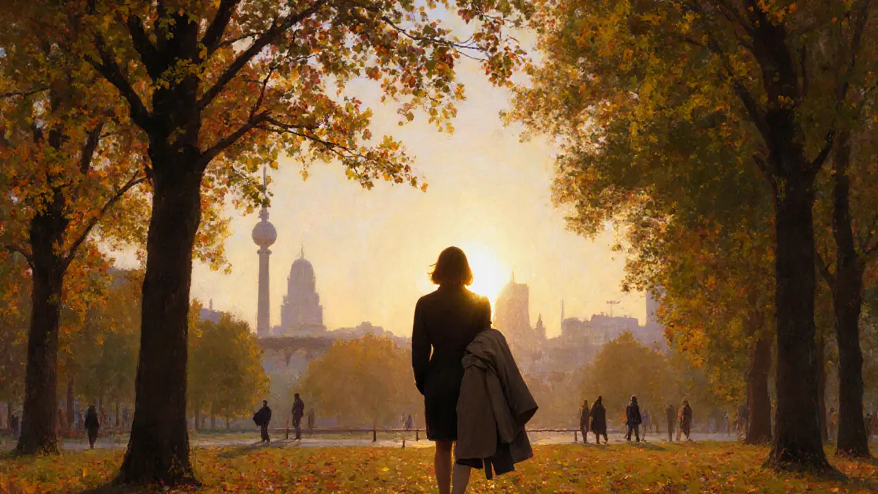 A woman walks through Tiergarten at sunset, calm and dignified, the Berlin skyline behind her.