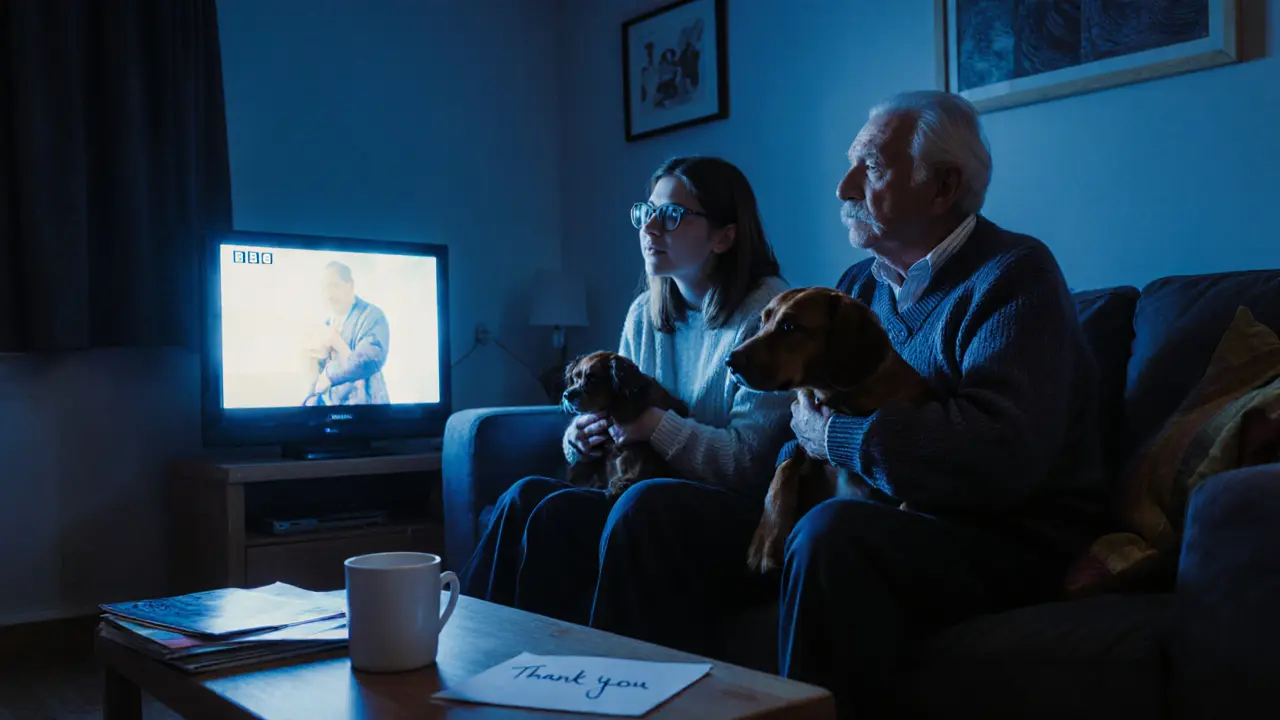 A young woman and elderly man watch a documentary together, a dog at their feet in a cozy flat.