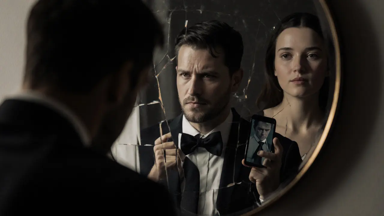 Abstract mirror reflections show a stressed man’s emotions dissolving into the calm gaze of a woman, symbolizing deep emotional connection without words.