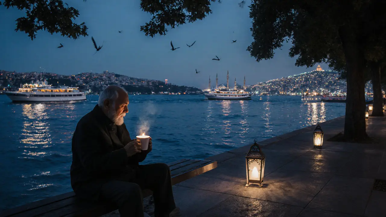 An elderly man sits peacefully on a Beşiktaş waterfront bench with a cup of coffee at midnight.