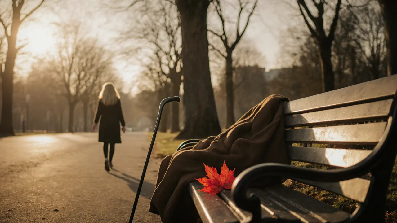 An empty park bench in Hyde Park at sunset, a cane and coat left behind, autumn leaves falling softly.