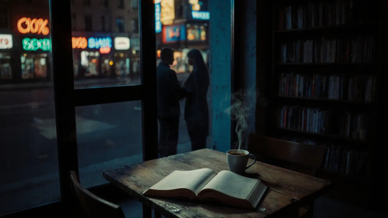 An open book and coffee cup in a quiet Berlin bookstore, shadows of two figures reflected in the glass door.