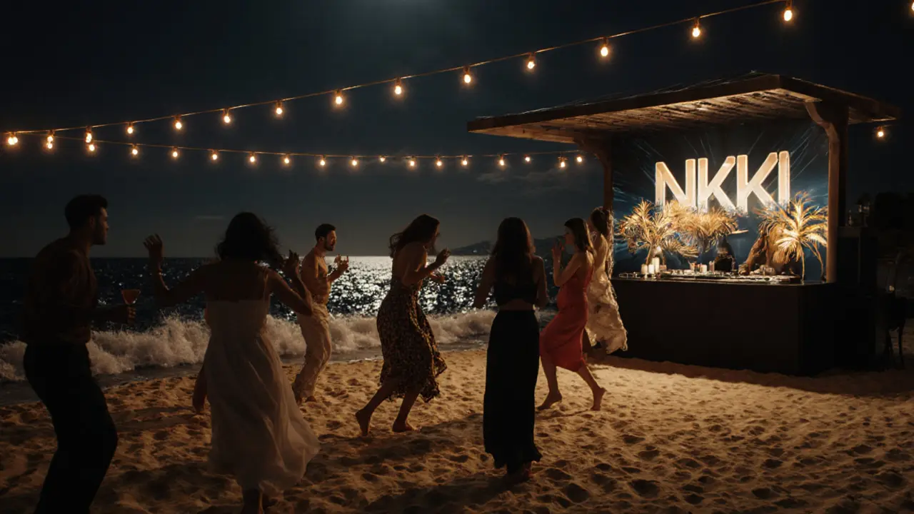 Beach club at night with string lights, guests dancing on sand under moonlight, DJ booth above ocean waves.