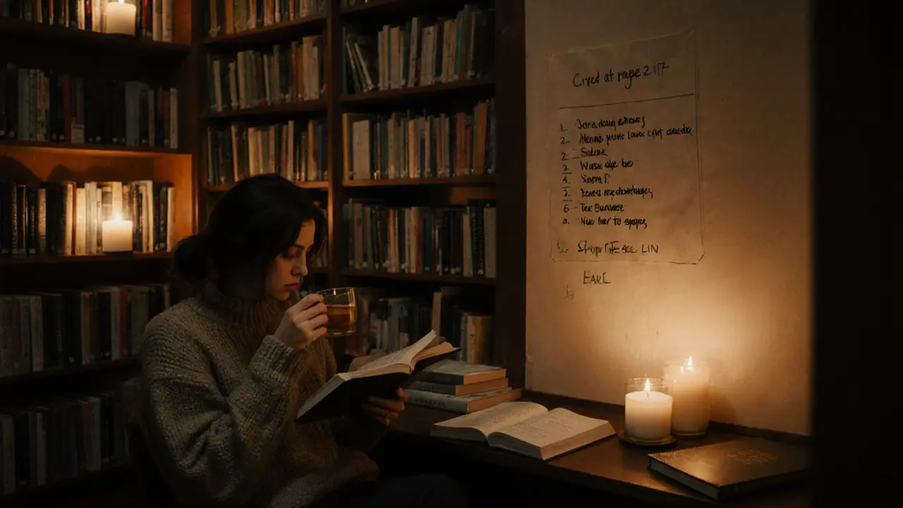 Bookstore back room with a reader by candlelight and handwritten book notes on the wall.