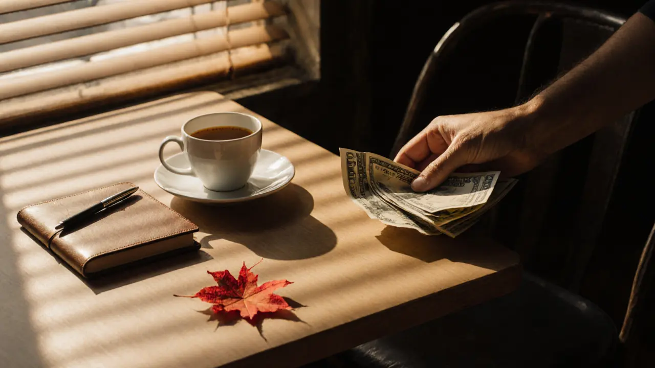 Cash and coffee on a table in a Berlin café, an empty chair and a single leaf suggesting a quiet goodbye.