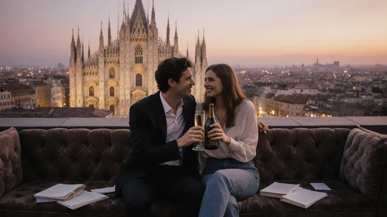 Couple on a rooftop terrace at sunset, overlooking Milan’s Duomo, sharing Prosecco and open books.