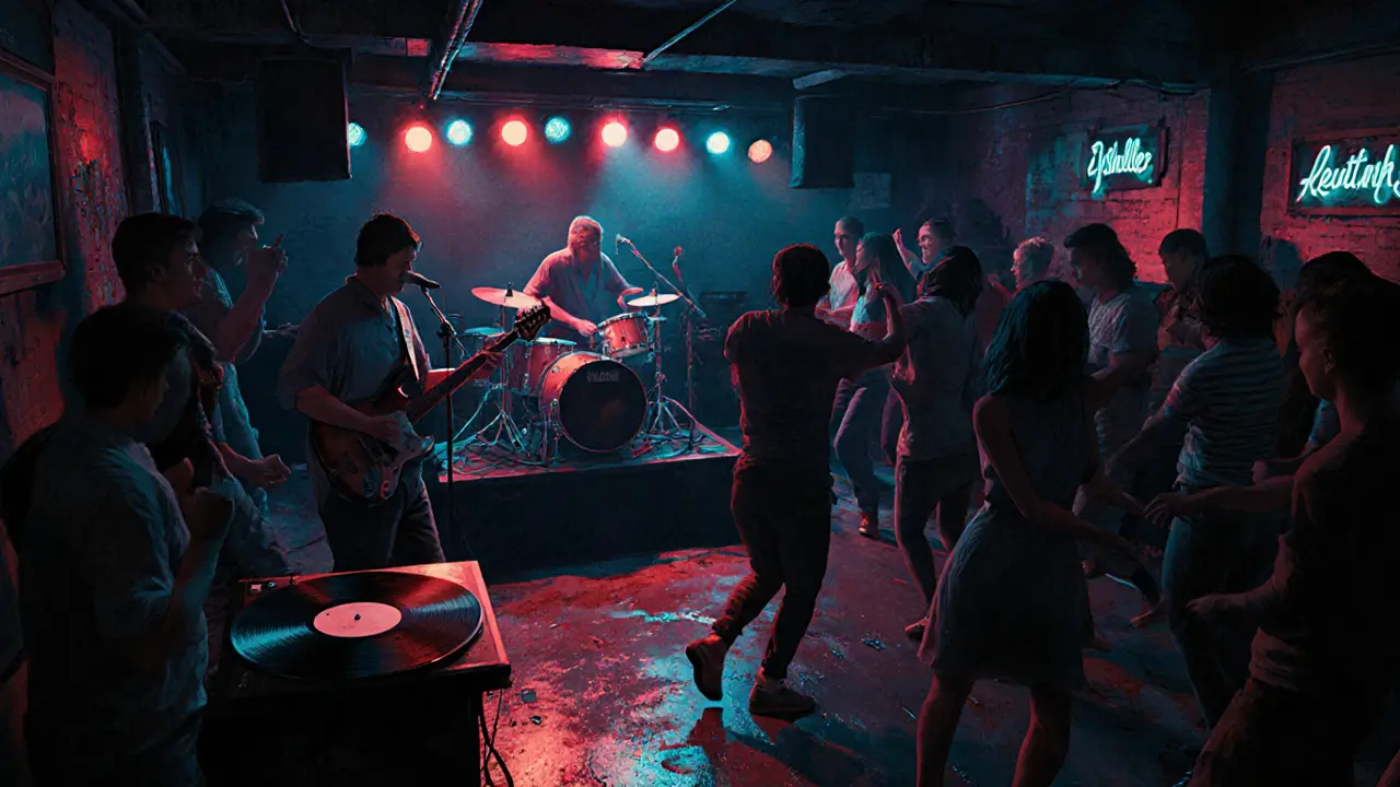 Crowd dancing in a dimly lit underground club with live band and neon glow