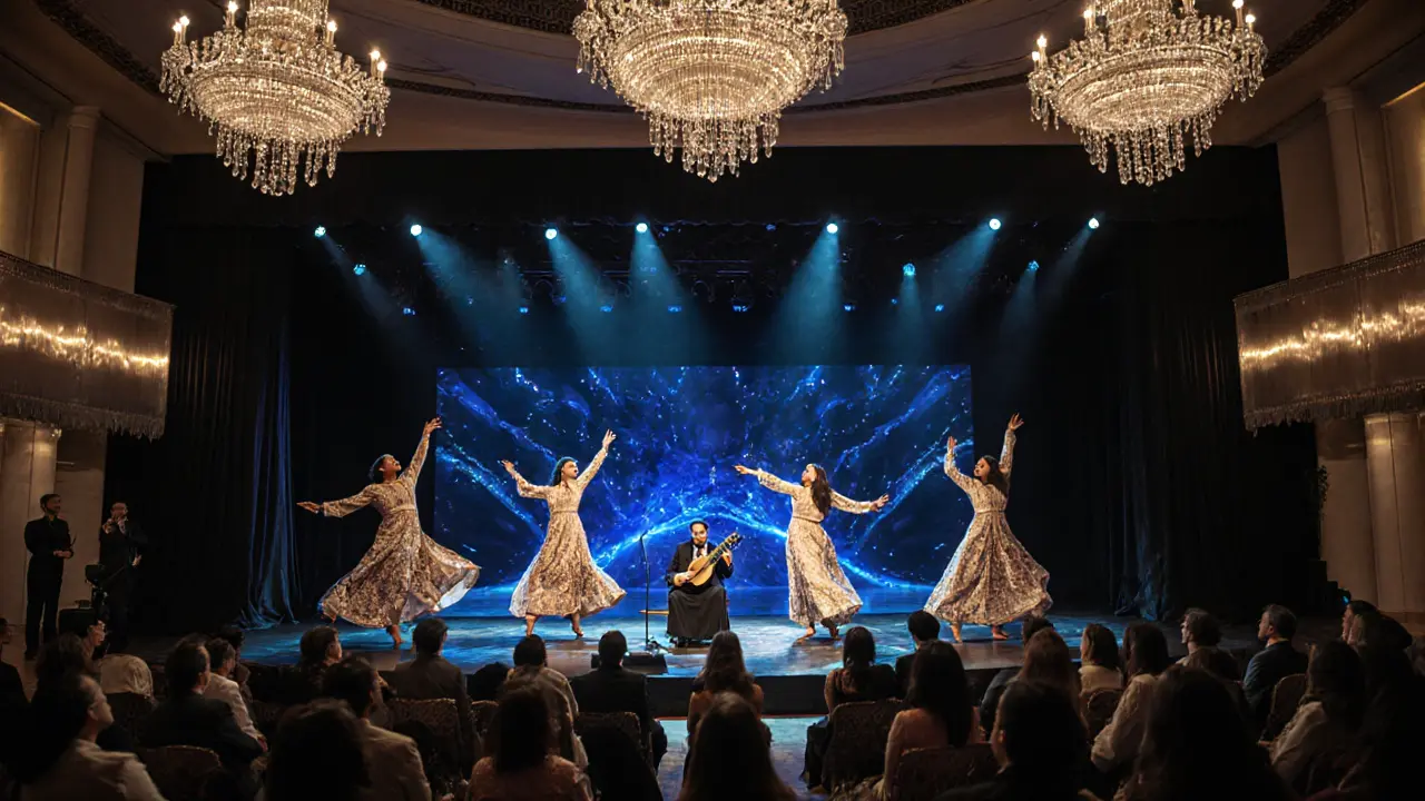 Dancers in embroidered abayas performing a fusion of traditional and modern dance under sparkling chandeliers.