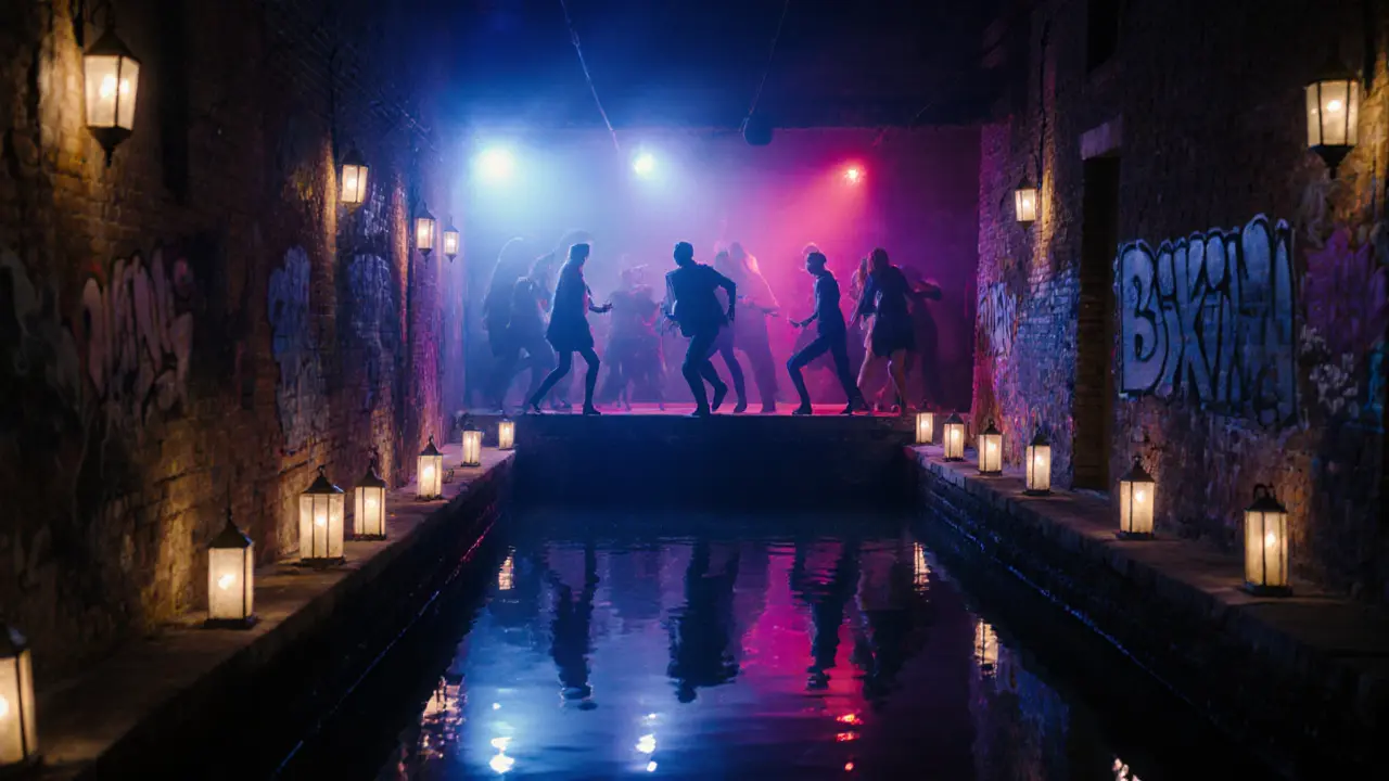 Dancers under strobe lights at Bikini club, reflected in the canal with lanterns nearby.