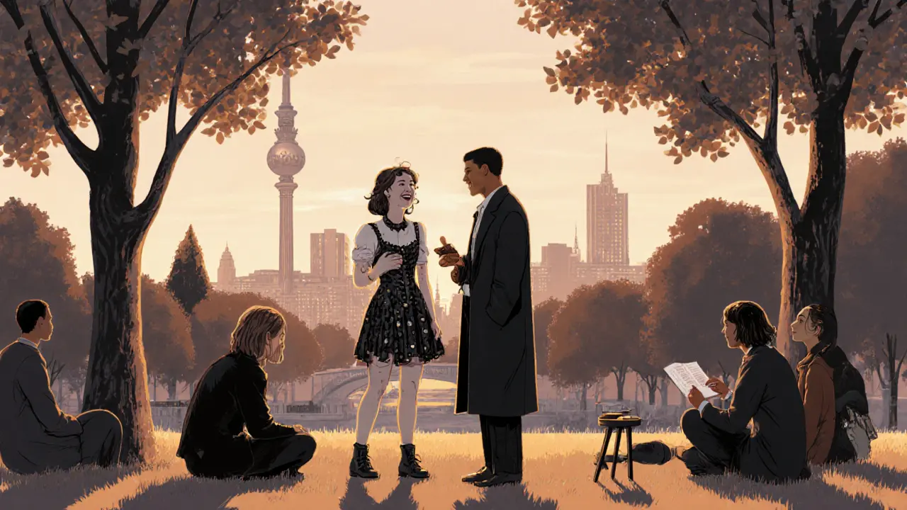 Diverse people connecting in Tiergarten Park—laughing, reading poetry, being themselves under golden hour light.
