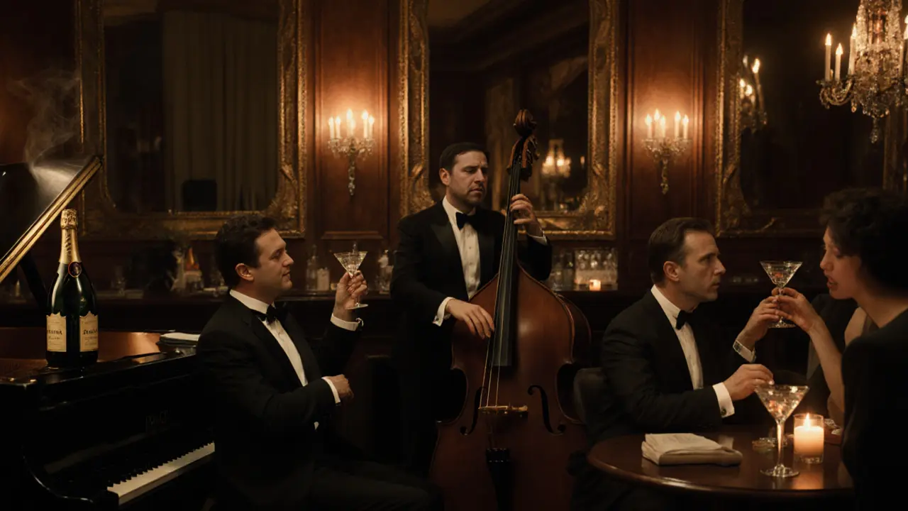 Elegant bar with jazz trio playing at midnight, patrons sipping martinis in golden candlelit ambiance.