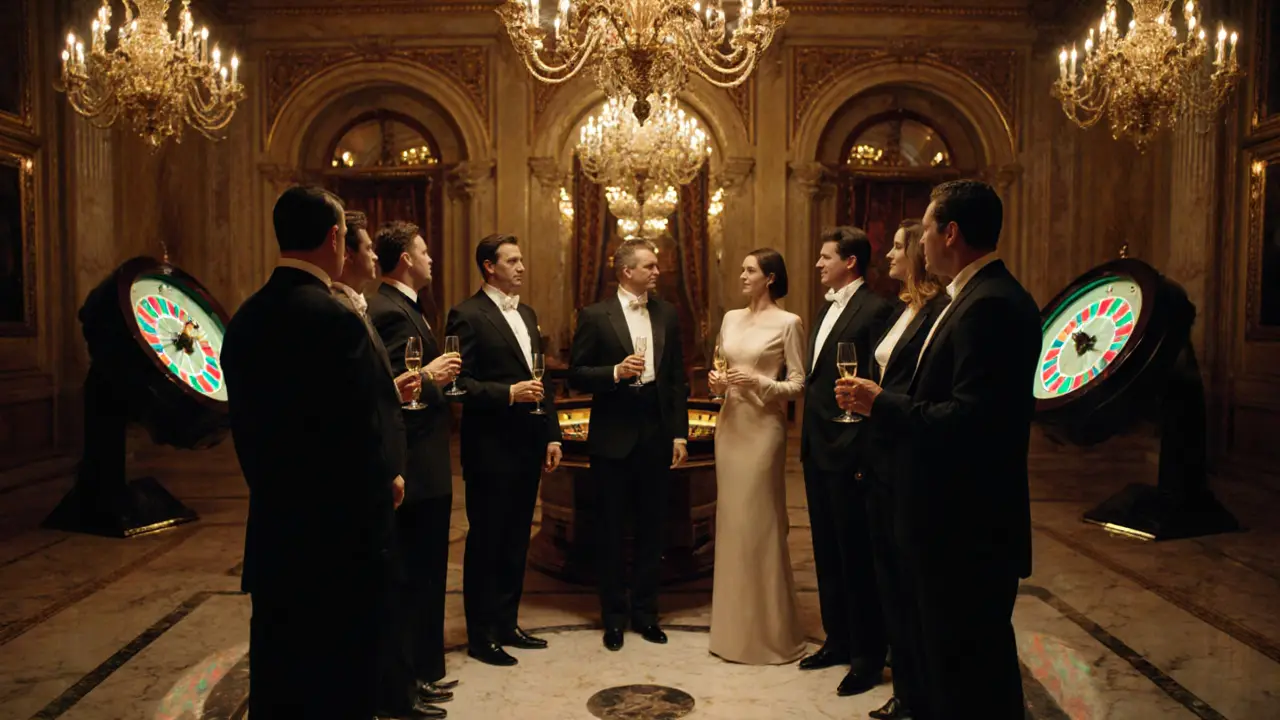 Elite guests in formalwear quietly socializing in the gilded Salle Renaissance of Monte Carlo Casino.