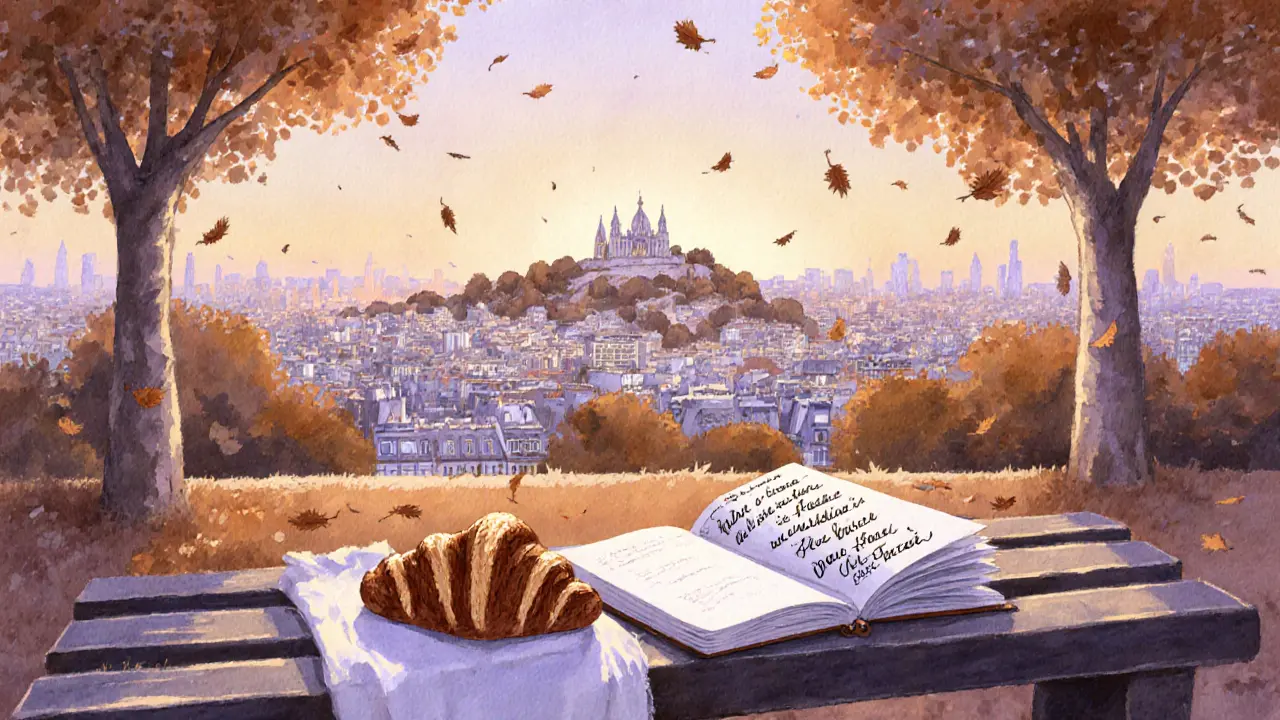 Empty bench in Parc des Buttes-Chaumont at sunset with chocolate croissant and notebook.