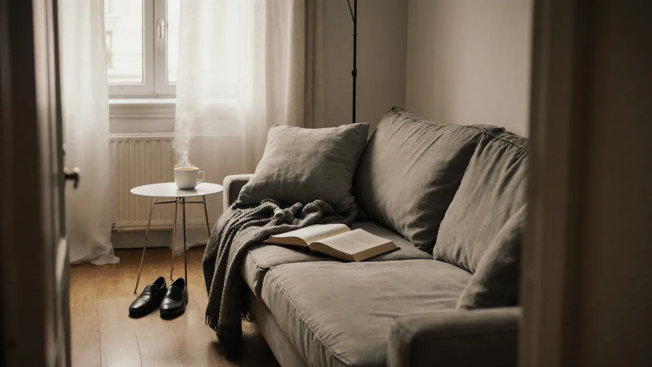 Empty couch in a Berlin apartment with tea and book, hinting at a recent moment of quiet connection.