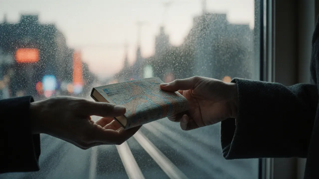 Hands exchanging a small book wrapped in paper, blurred city lights behind them, conveying quiet connection without words.