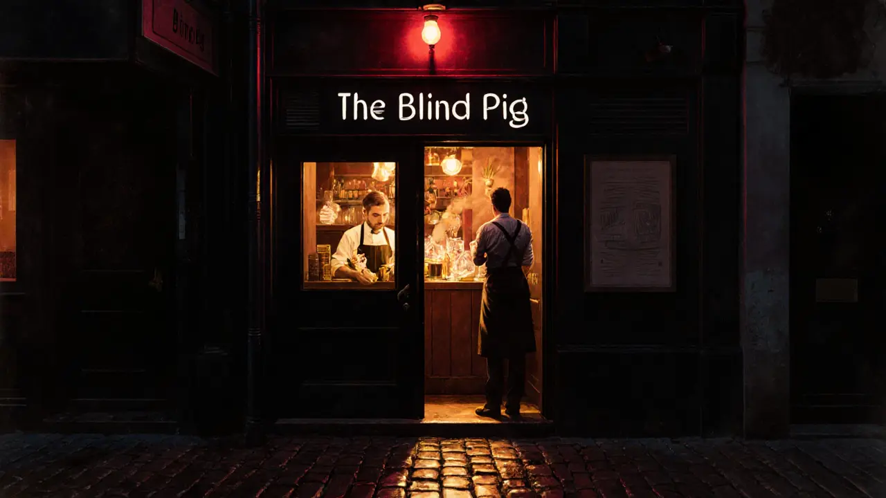 Hidden speakeasy entrance behind a fridge door with warm light spilling onto wet alley stones.