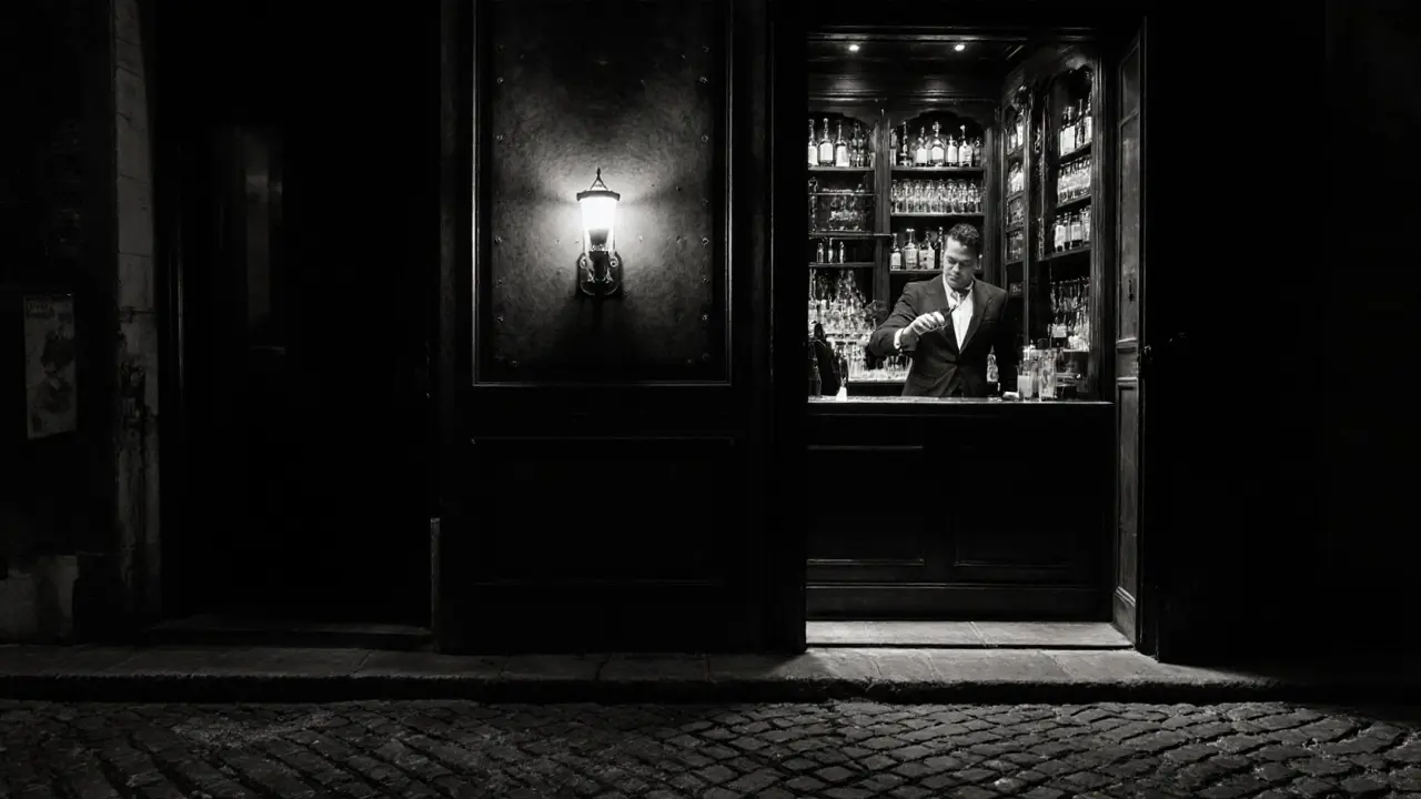 Hidden speakeasy entrance behind a tailor shop, dimly lit with vintage bar interior and mysterious atmosphere.